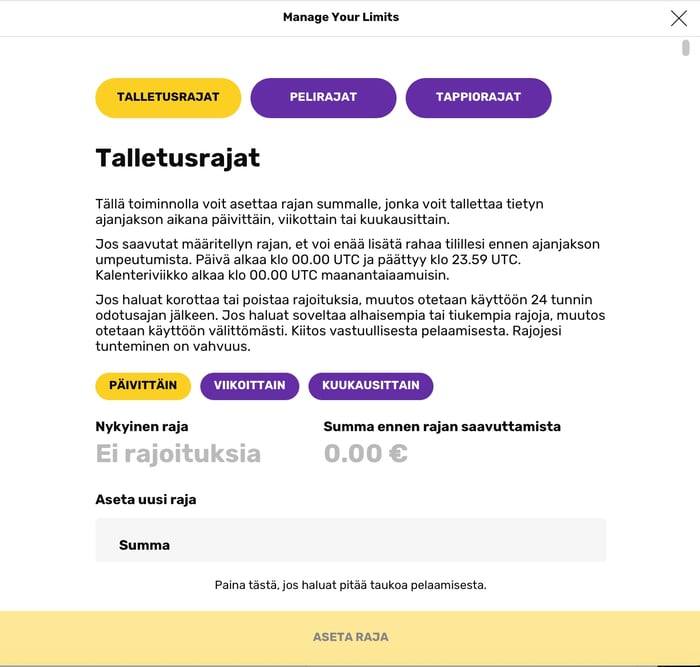 Muhkee Casinon talletusrajojen asetussivu, jossa nykyinen raja 