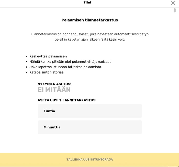  Muhkee Casinon pelaamisen tilannetarkastuksen asetukset, nykyinen asetus 