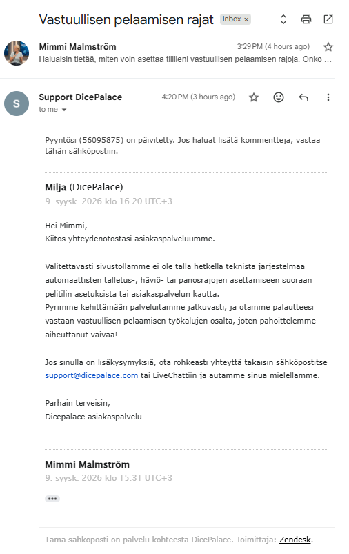 Dice Palacen asiakastuen vastaus vastuullisen pelaamisen työkaluihin liittyen sähköpostitse.