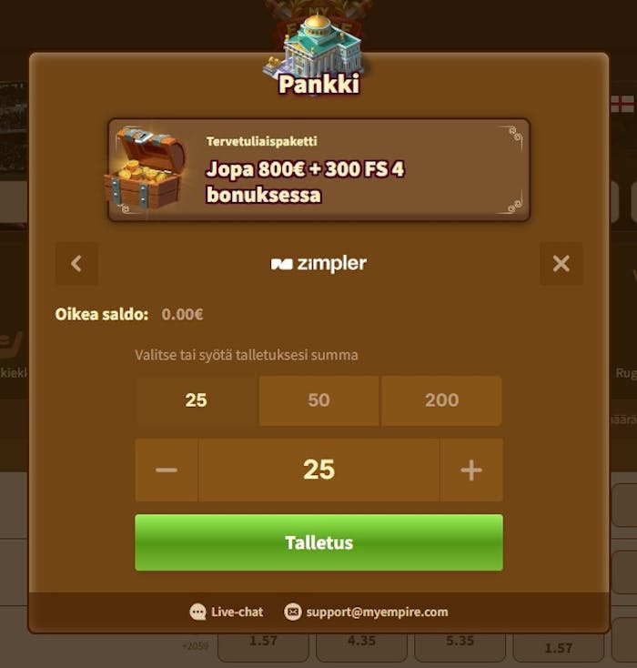 MyEmprire Casino Zimpler talletus on mahdollinen, muttei takaa tilivapaata pelaamista.
