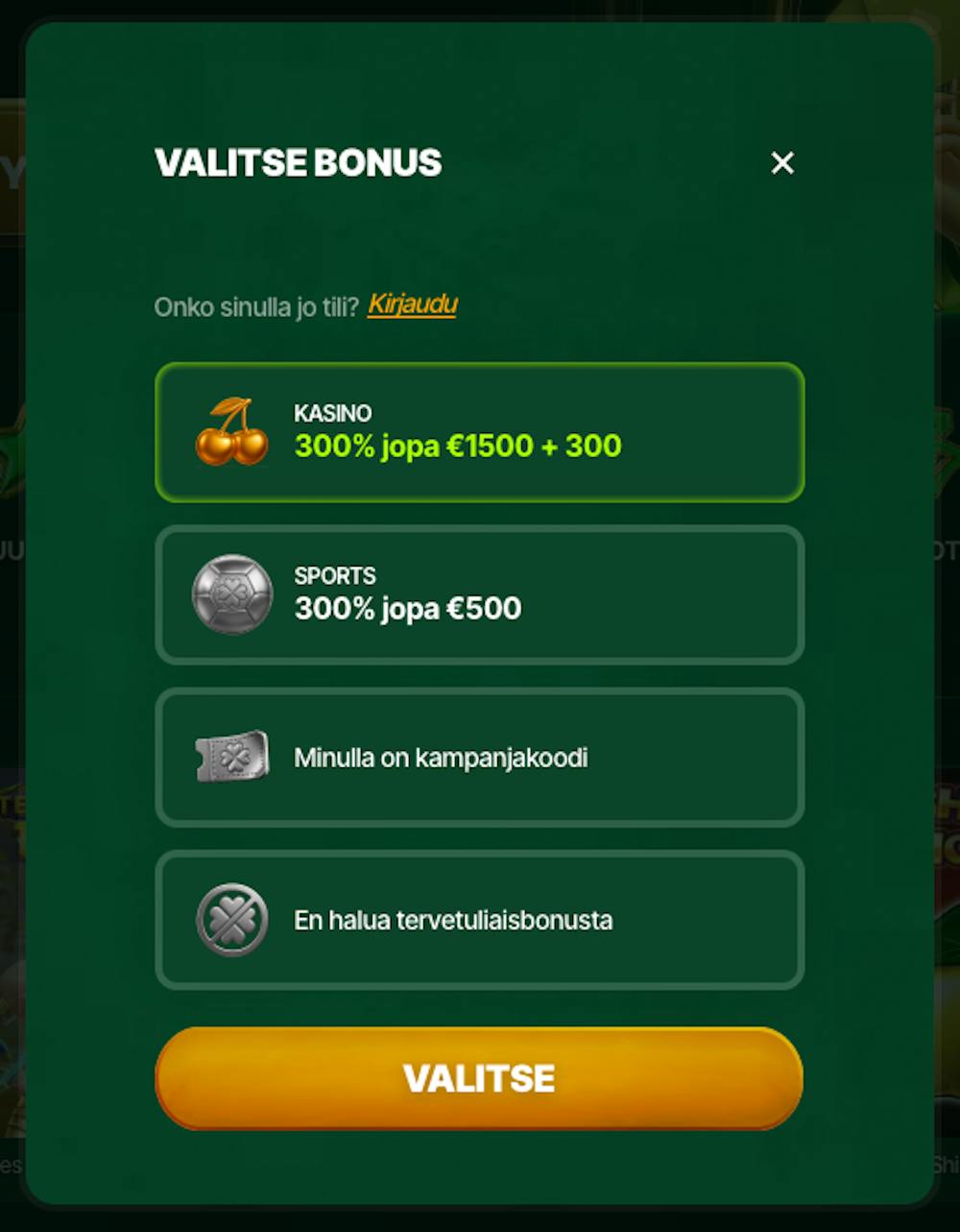MyLuck Casinolla pelaaja voi valita heille sopivan bonuksen pelaamisen alkuun