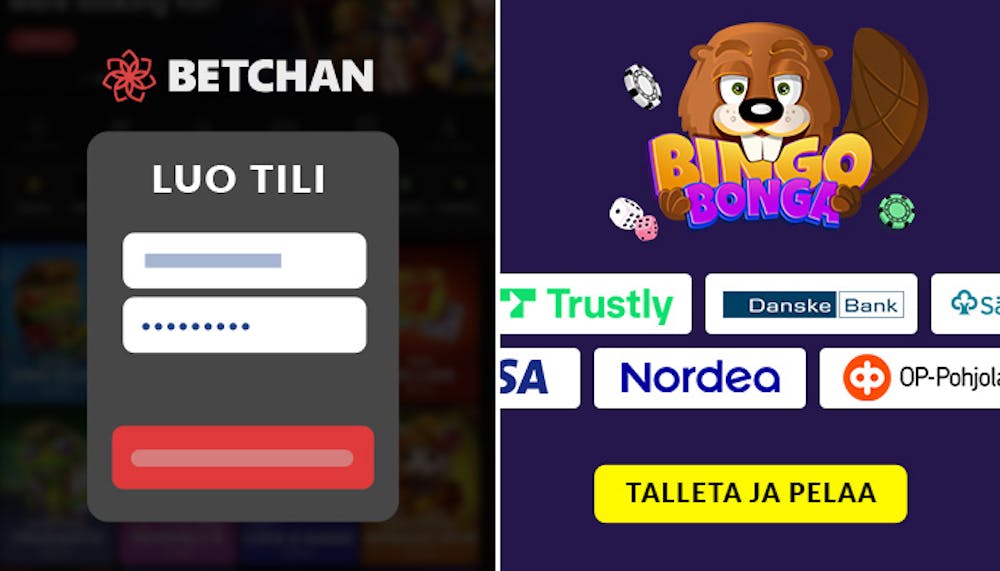 Vasemmalla rekisteröitymisvapaa N1 Interactive -kasino Betchan ja oikealla perinteinen kasino Bingo Bonga. 