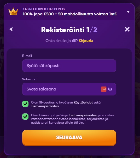 Kingmaker Casinon rekisteröinnin ensimmäinen vaihe, jossa syötetään sähköpostiosoite ja luodaan salasana.
