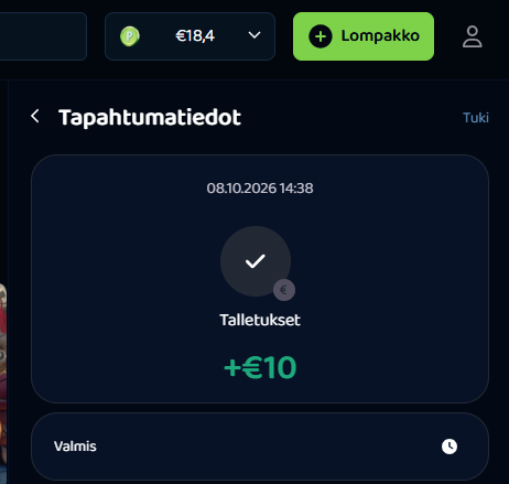 Pike Casinon vahvistama 10 euron talletus pelitilin tapahtumatiedoissa.