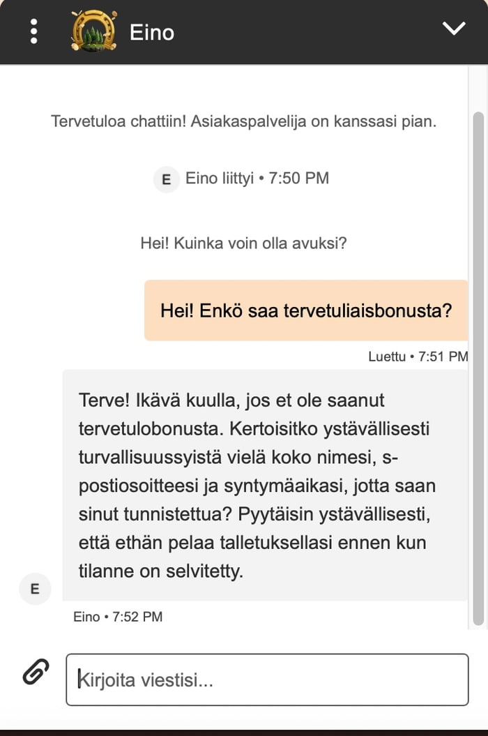 Tuuri kasinon chat vastasi heti, ja Eino selvitti bonukseen liittyvät ongelmat.