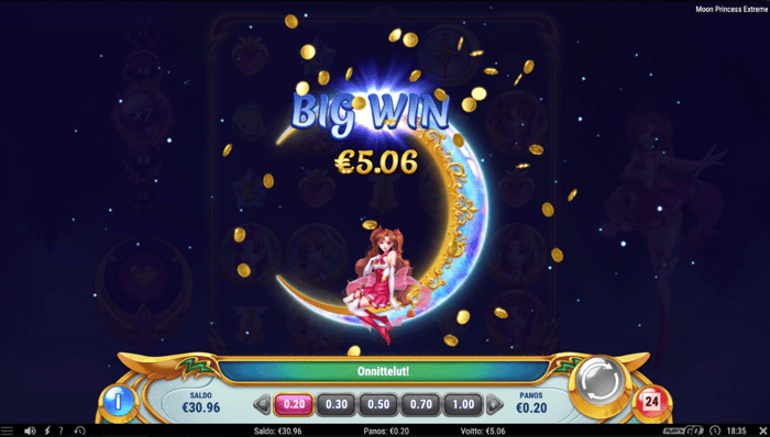 Kuva, jossa näkyy 5,06 € voitto Moon Princess Extreme -pelissä.