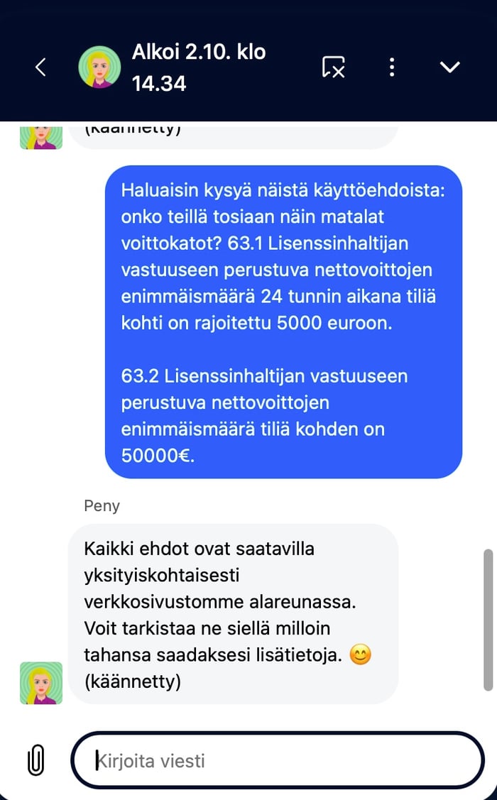 Vastaus voittokattoja koskevaan kysymykseen live-chatissa.