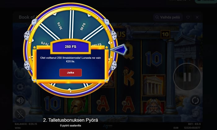 Kasinon onnenpyörä-bonuspeli, jossa osoitin pysähtyi kohtaan 