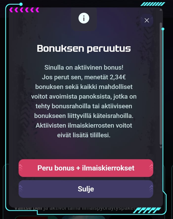 Need for Slots Casinon bonuksen peruutusikkuna, jossa kerrotaan menetettävän 2,34 euron bonuksen.