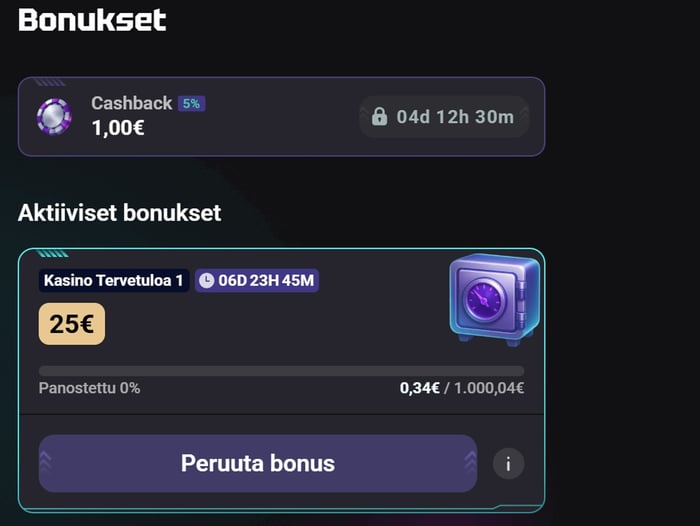 Kasinon Bonukset-sivu, jossa näkyy lukittu 5 % Cashback (1,00 €) sekä aktiivinen 25 € tervetuliaisbonus ja sen kierrätysedistyminen (0,34 € / 1 000,04 €).