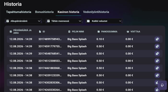 Kuvakaappaus nettikasinon pelihistoriasta, jossa näkyvät yksittäisten kierrosten panokset, voitot ja aikaleimat.
