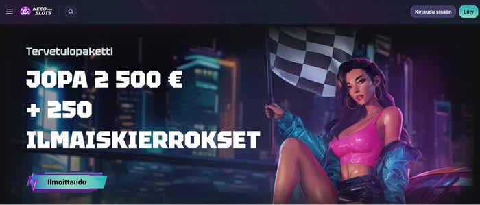 Need for Slots Casinon etusivun tervetulobanneri, jossa lukee jopa 2 500 € + 250 ilmaiskierrosta