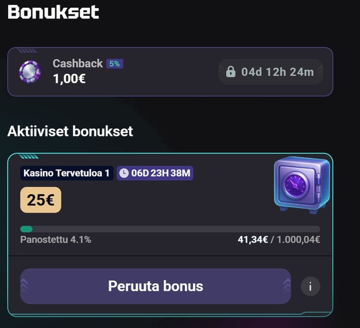 Kasinon Bonukset-sivu, jossa näkyy aktiivisen 25 euron tervetuliaisbonuksen kierrätysedistyminen: 4,1 % eli 41,34 euroa vaaditusta 1 000,04 eurosta panostettu.