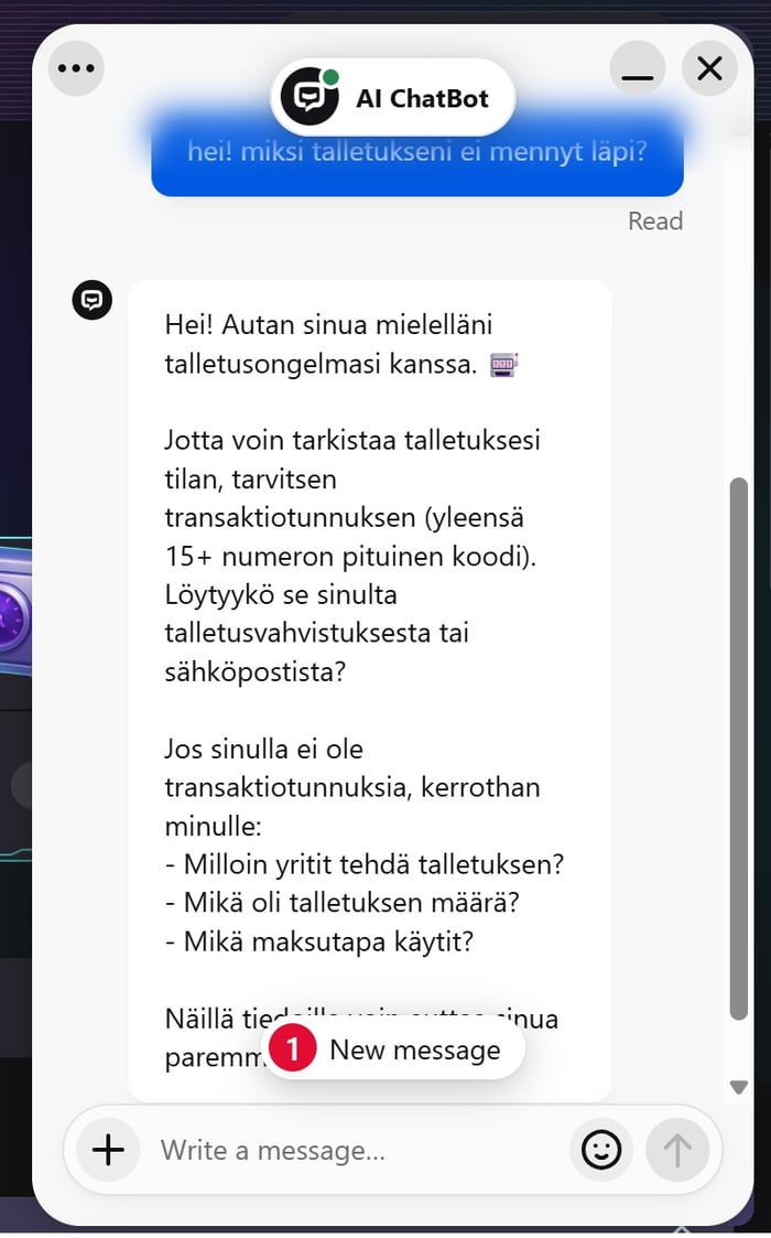 Need for Slots Casinon AI ChatBot vastaa suomeksi talletusongelmaa koskevaan kysymykseen
