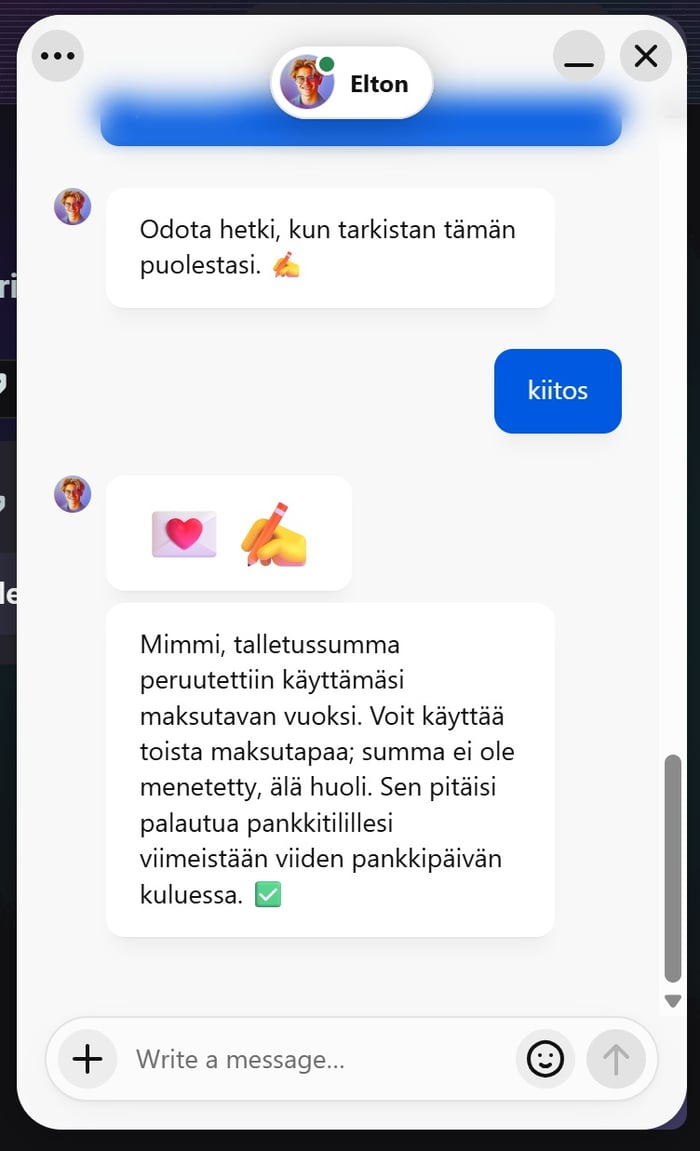 Need for Slots Casinon tuki kertoo talletuksen peruutuksen syyn ja viiden pankkipäivän palautusajan,