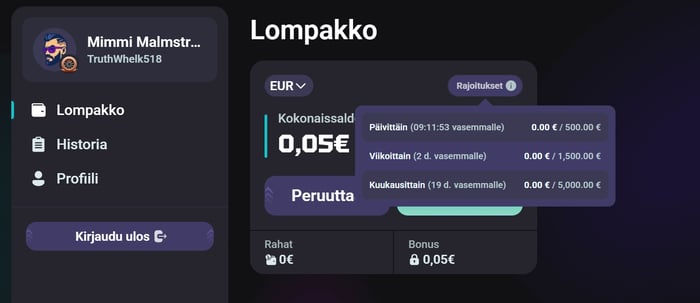 Need for Slots Casinon lompakko, kokonaissaldo 0,05 euroa ja talletusrajojen laskurit nollassa