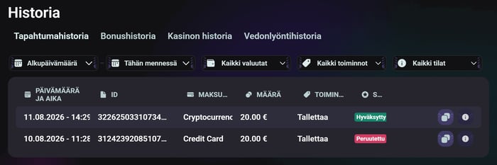 Need for Slots Casinon tapahtumahistoria, jossa korttitalletus peruutettu ja kryptotalletus hyväksytty.