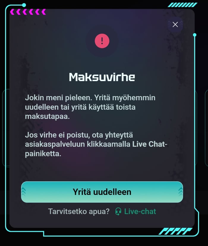 Need for Slots Casinon Maksuvirhe-ilmoitus suomeksi, Yritä uudelleen -painike ja linkki live-chatiin.