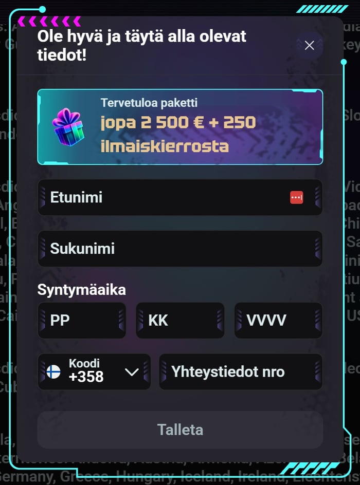 Need for Slots Casinon toinen rekisteröitymisvaihe, jossa kysytään nimi, syntymäaika ja puhelinnumero.
