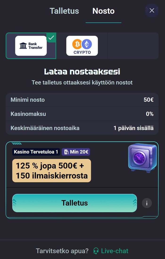 Need for Slots Casinon nosto-välilehti, jossa nostotapoina vain pankkisiirto ja krypto.