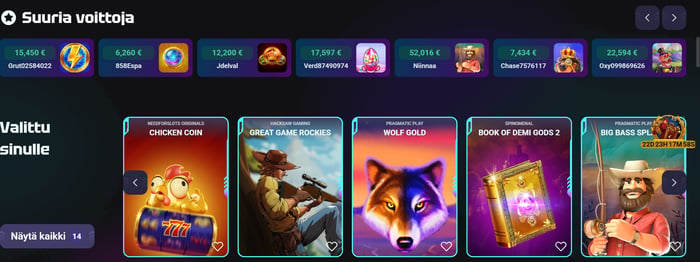 Need for Slots Casinon pelivalikoima, Suuria voittoja -palkki ja Valittu sinulle -pelinostot