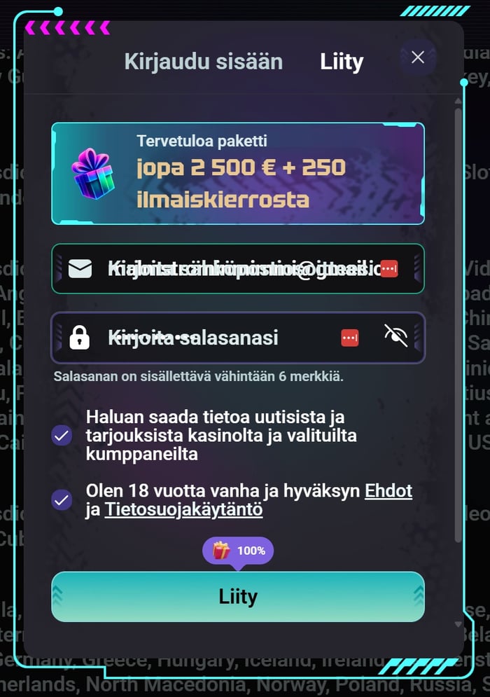 Need for Slots Casinon rekisteröitymisikkuna, jossa kysytään vain sähköposti ja salasana.
