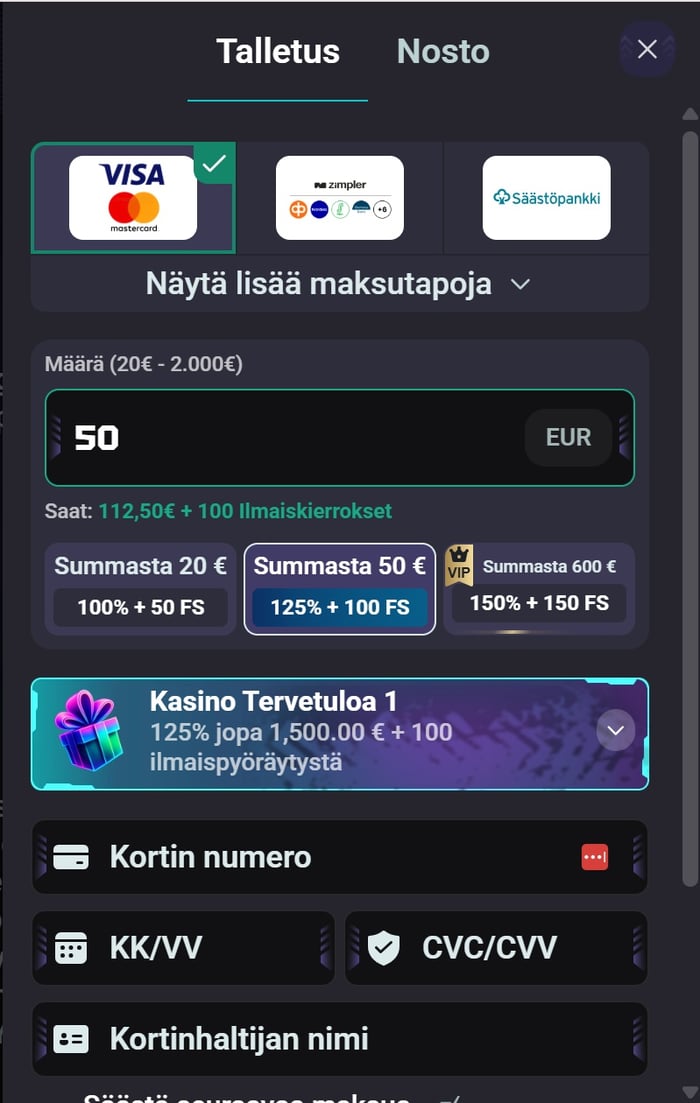 Need for Slots Casinon talletusikkuna, maksutapoina Visa, Mastercard, Zimpler ja Säästöpankki.