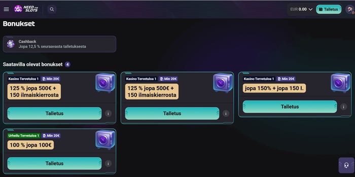 Need for Slots Casinon bonussivu kirjautuneena, neljä tervetulobonuskorttia ja cashback-nosto.