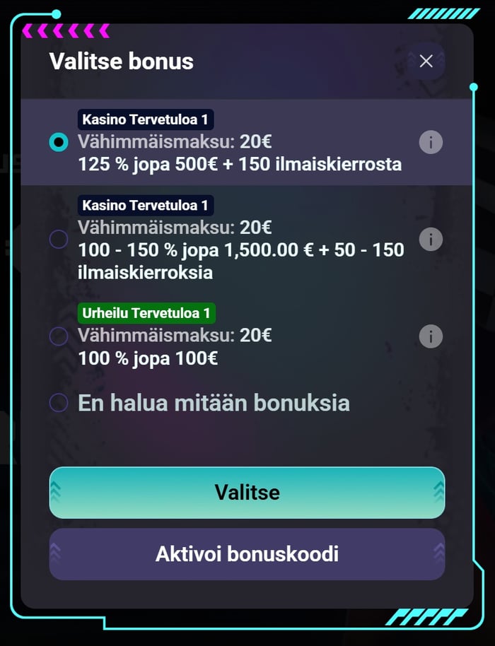 Need for Slots Casinon Valitse bonus -ikkuna kolmella tervetulobonuksella ja En halua mitään bonuksia -valinnalla.