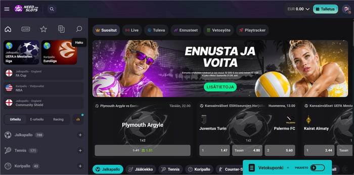 Need for Slots Casinon urheiluvedonlyöntiosio, jalkapallokohteita ja 1x2-kertoimia