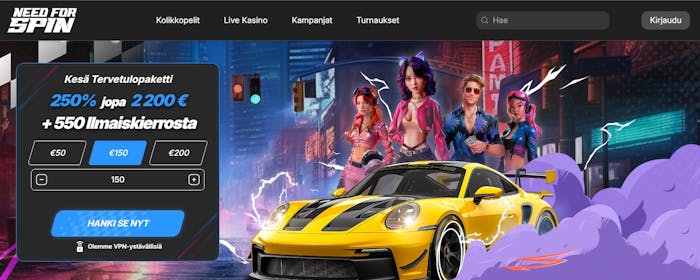 Need for Spin Casino etusivu ja tervetulobonus uusille pelaajille.