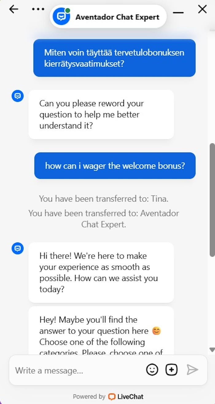 Need for Spin Casino asiakaspalvelu - live-chat keskustelu automaattisen vastaajan kanssa. 