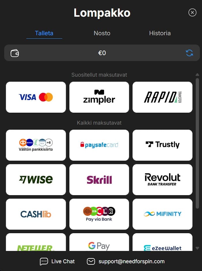 Need for Spin Casino lompakko, josta talletus tapahtuu esimerkiksi Visalla ja Zimplerillä.