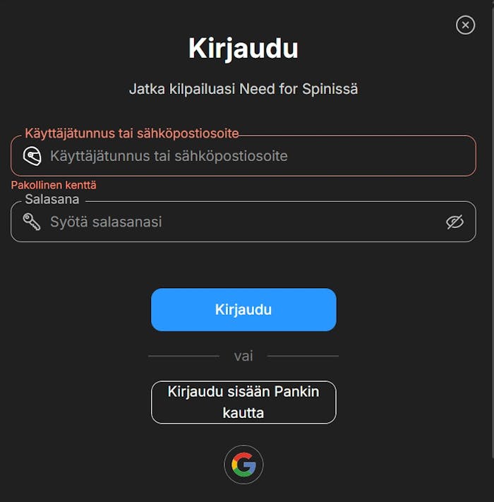 Need for Spin kirjautuminen pelitilille tapahtuu esimerkiksi pankkitunnuksilla.