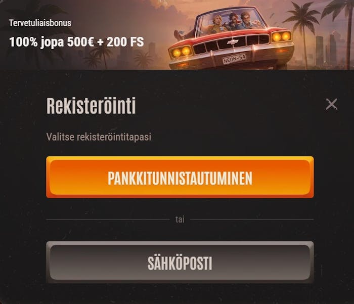 Neon54 Casino rekisteröinti pankkitunnuksilla tai sähköpostilla.