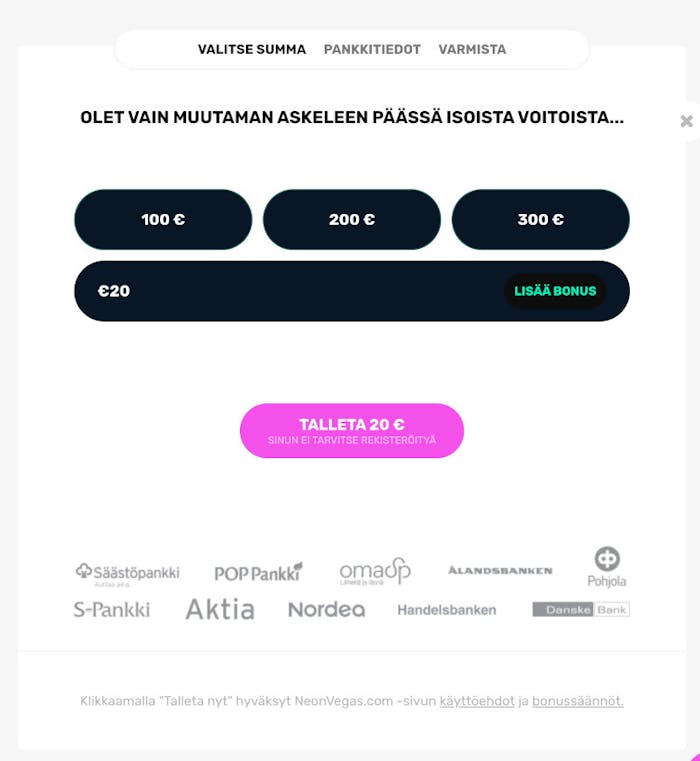 NeonVegas Casinolle rekiser?idyt??n pankkitunnuksilla