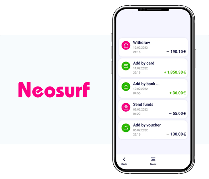 Neosurfin logo ja mobiilisovellus älypuhelimen näytöllä, jossa näkyy käyttäjän tilin saldo ja viimeisimmät rahansiirrot.