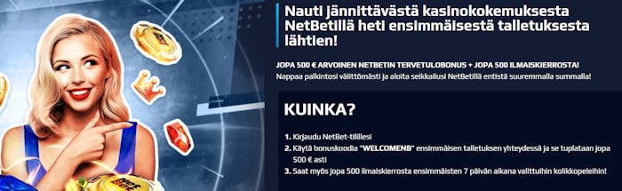 NetBet Casino tervetuliaisbonus – jopa 500 € bonus ja 500 ilmaiskierrosta, käytä koodia WELCOMENB.