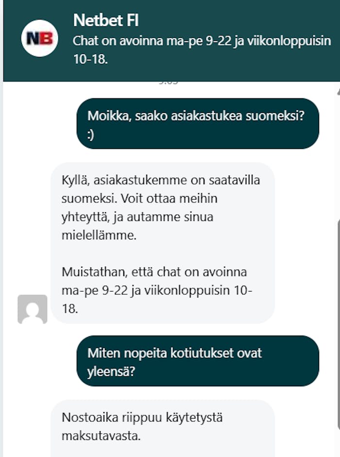 NetBet asiakaspalvelu suomeksi – live-chatissa keskustellaan kotiutusten nopeudesta ja nostoajoista.