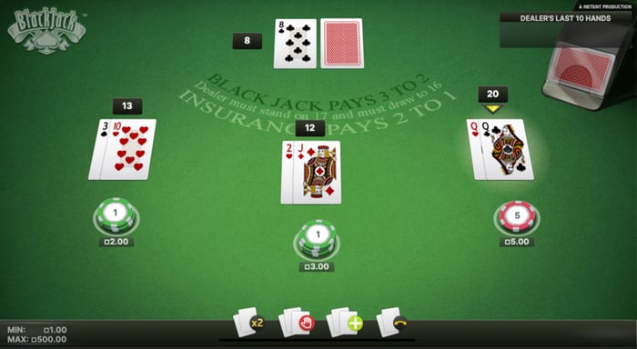Näkymä NetEntin Blackjack-pöytäpelistä