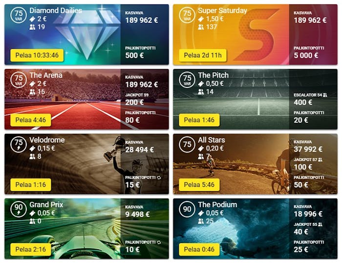 Veikkauksen bingohuoneita, kuten Diamond Dailies, Arena ja Super Saturday, joissa on ilmoitettu hinnat, voitot ja peliajat.