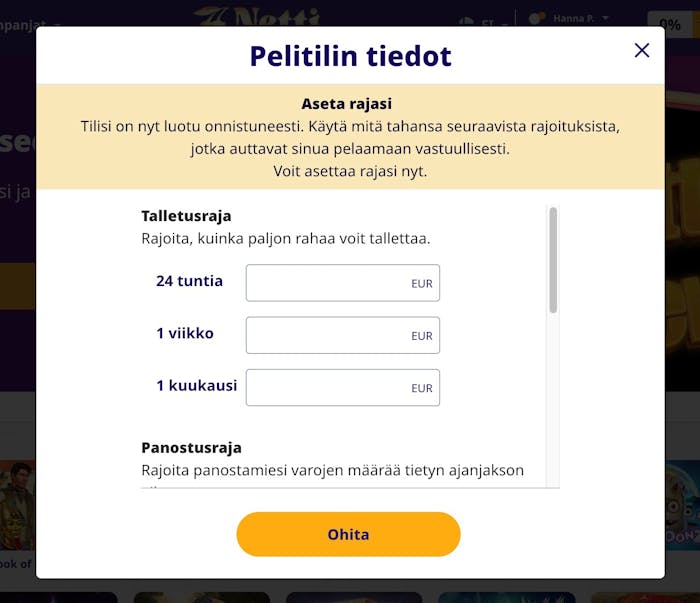 NettiCasino vaatii pelaajaa asettamaan talletusrajat jo rekisteröitymisen yhteydessä