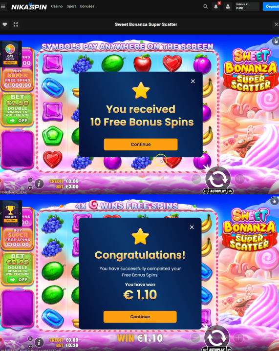 Nikaspin-kasinon ilmaiskierrokset Sweet Bonanza Super Scatter -peliin ja 1,10 € voitto.