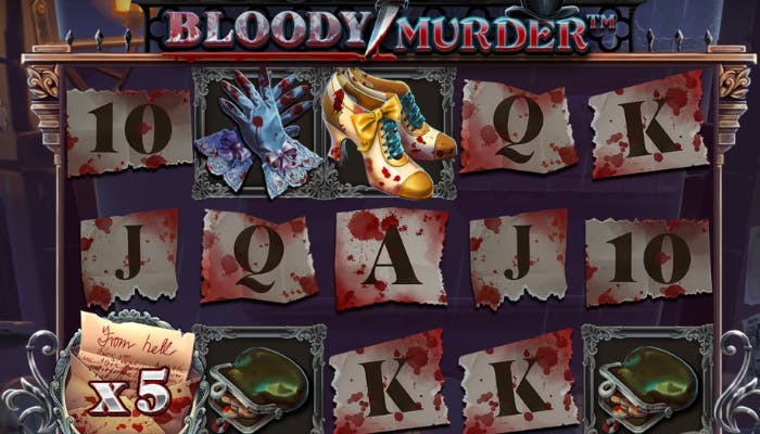 Bloody Murder -kolikkopelin peliruudukko ja verisiä symboleja.