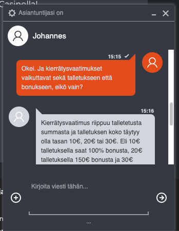 Johannes vastaa Ninja Casinon asiakaspalvelussa