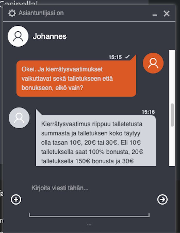 Johannes vastaa Ninja Casinon asiakaspalvelussa