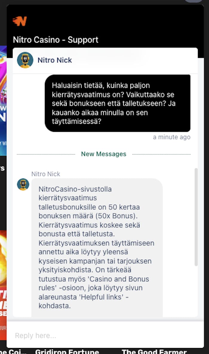 Nitro Casinon asiakaspalvelija vastaa suomeksi
