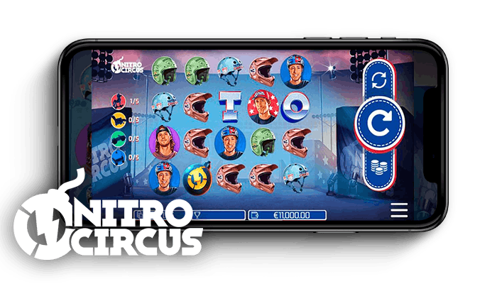 Nitro Circus kolikkopelin peliruudukko ja logo.