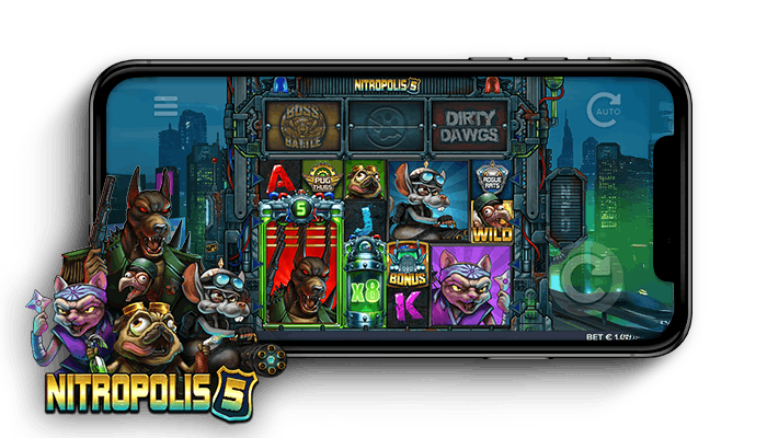 Nitropolis 5 kolikkopelin peliruudukko ja logo.