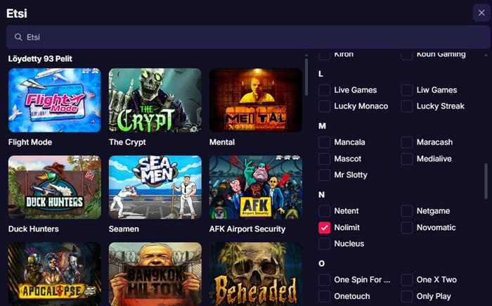 Reel Raven Casinon pelivalikko, jossa hakukentän alla näkyy Nolimit Cityn pelejä, kuten Flight Mode, The Crypt, Mental, Duck Hunters, Seamen, AFK Airport Security ja Beheaded, sekä oikeassa laidassa pelivalmistajien suodatuslista, josta Nolimit on valittuna.